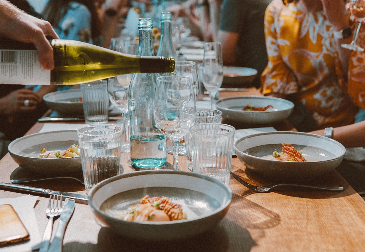 Drinks served on a restaurant table alongside dinner